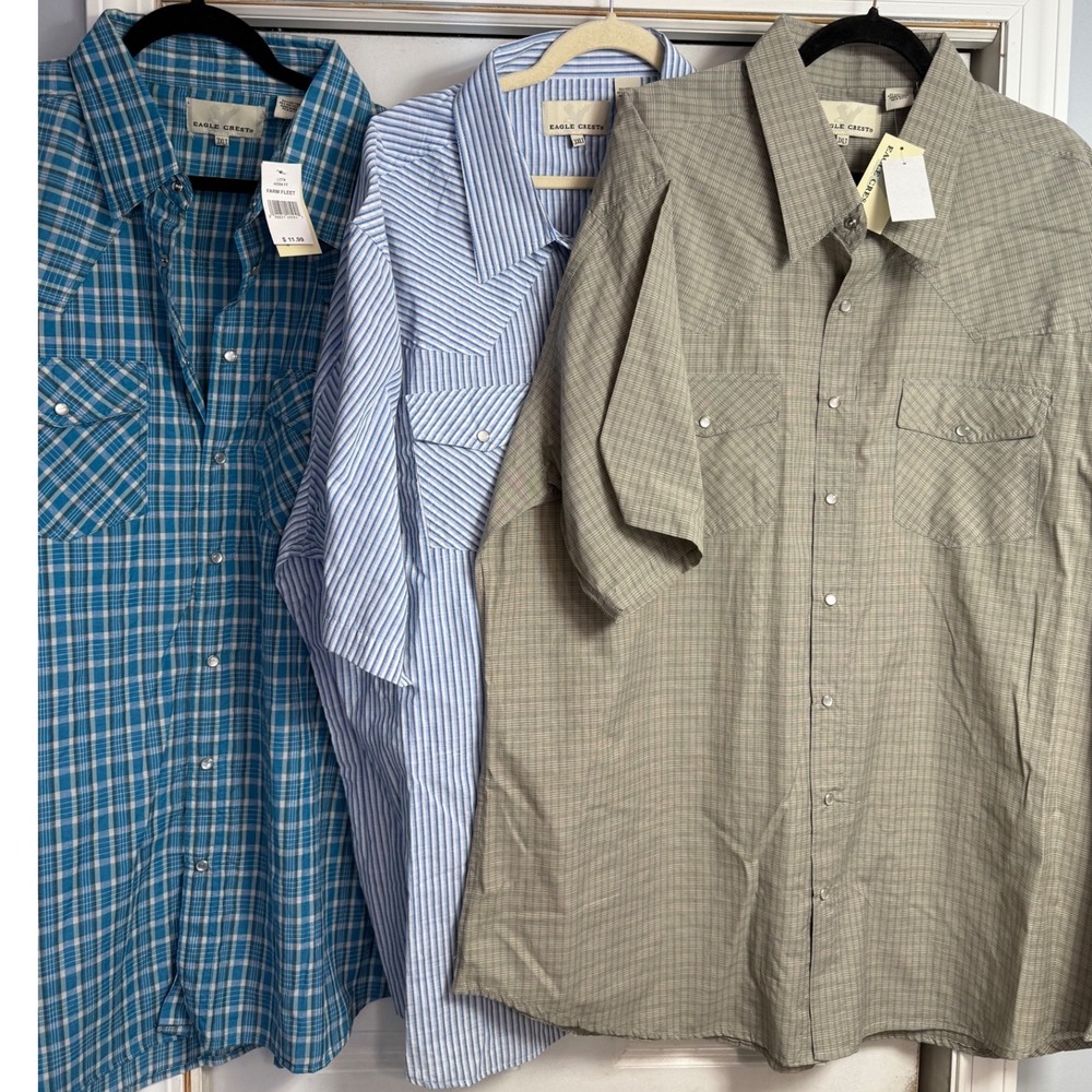 Eagle Crest Mens 3XL LT Western Snap Button Short Sleeve Plaid Shirts 3 Pack‎